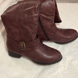 Calf high burgundy leather winter boots w/ sweater knit detail for extra warmth!